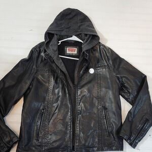 Levi's Black Faux Leather Jacket with Gray Hood